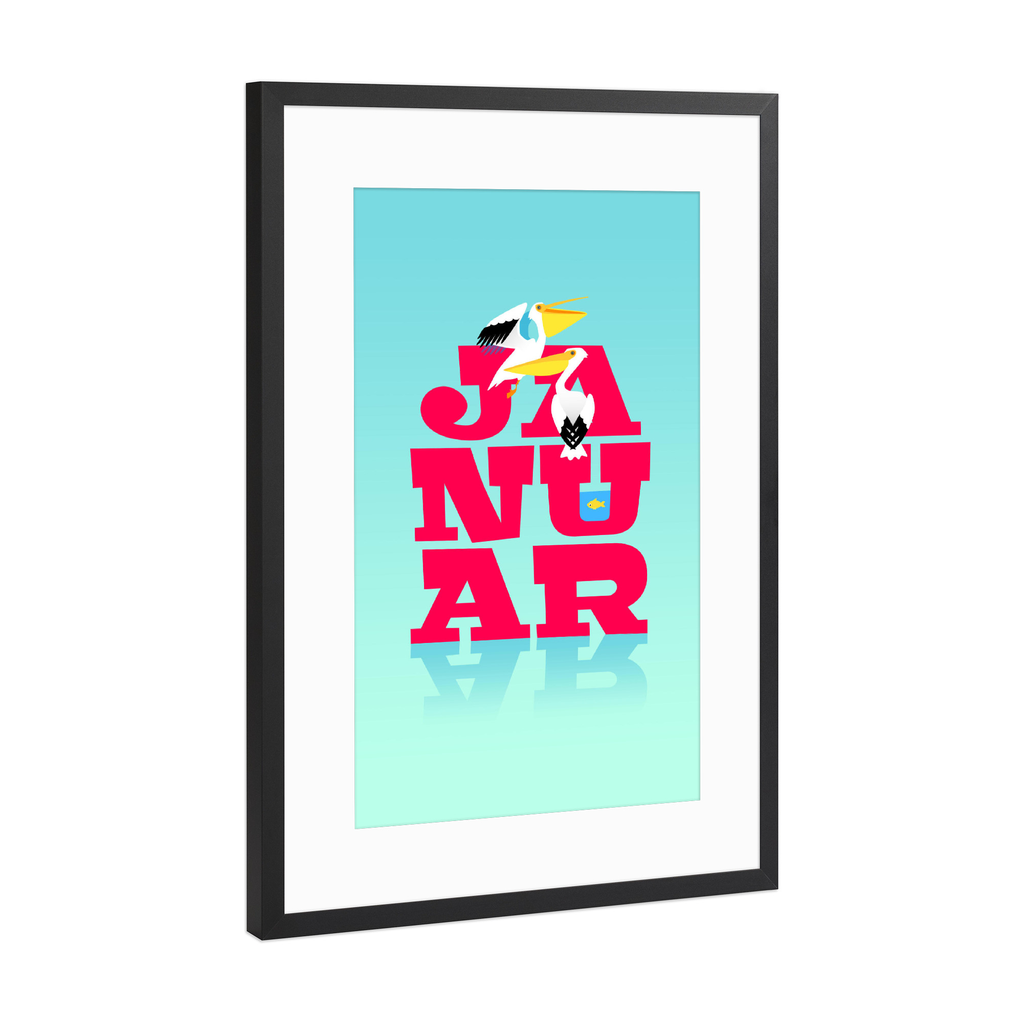 Poster mit Rahmen Schwarz (Metallic) "Bunte Welt der Tiere - Januar" artboxONE - Typografie,Für Kinder,Tiere,Weihnachten