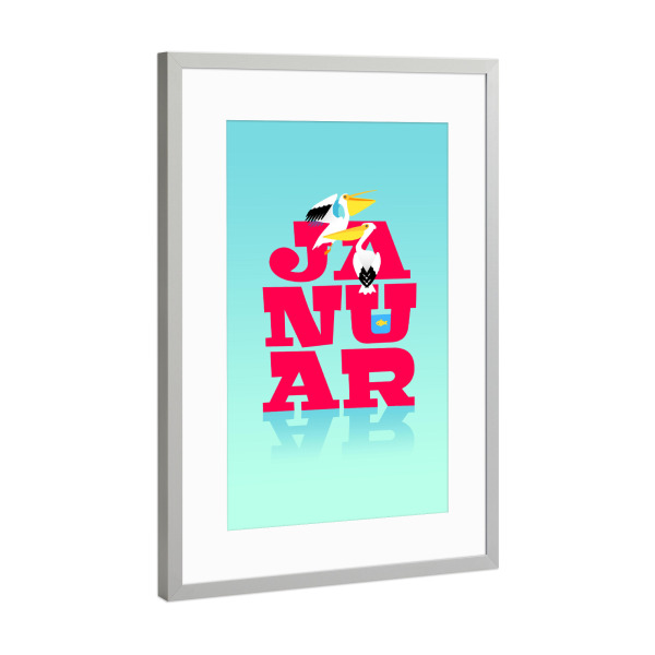 Poster mit Rahmen Silber "Bunte Welt der Tiere - Januar" artboxONE - Typografie,Für Kinder,Tiere,Weihnachten