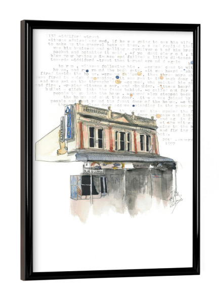 Poster mit schwarzem Rahmen "133 Ridiford Street, Wellington" artboxONE - Architektur - Cafe,Aquarell,Pinting,Architektur,Kolonial,Typ,Grunge