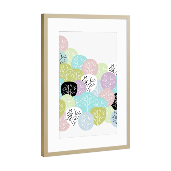 Poster mit Rahmen Gold "Abstrakt Wald" artboxONE - Natur,Floral,Abstrakt,Geometrie - Bunt,Wald,Abstrakt,Minimalistisch,Modern,Skandinavisch,Bäume