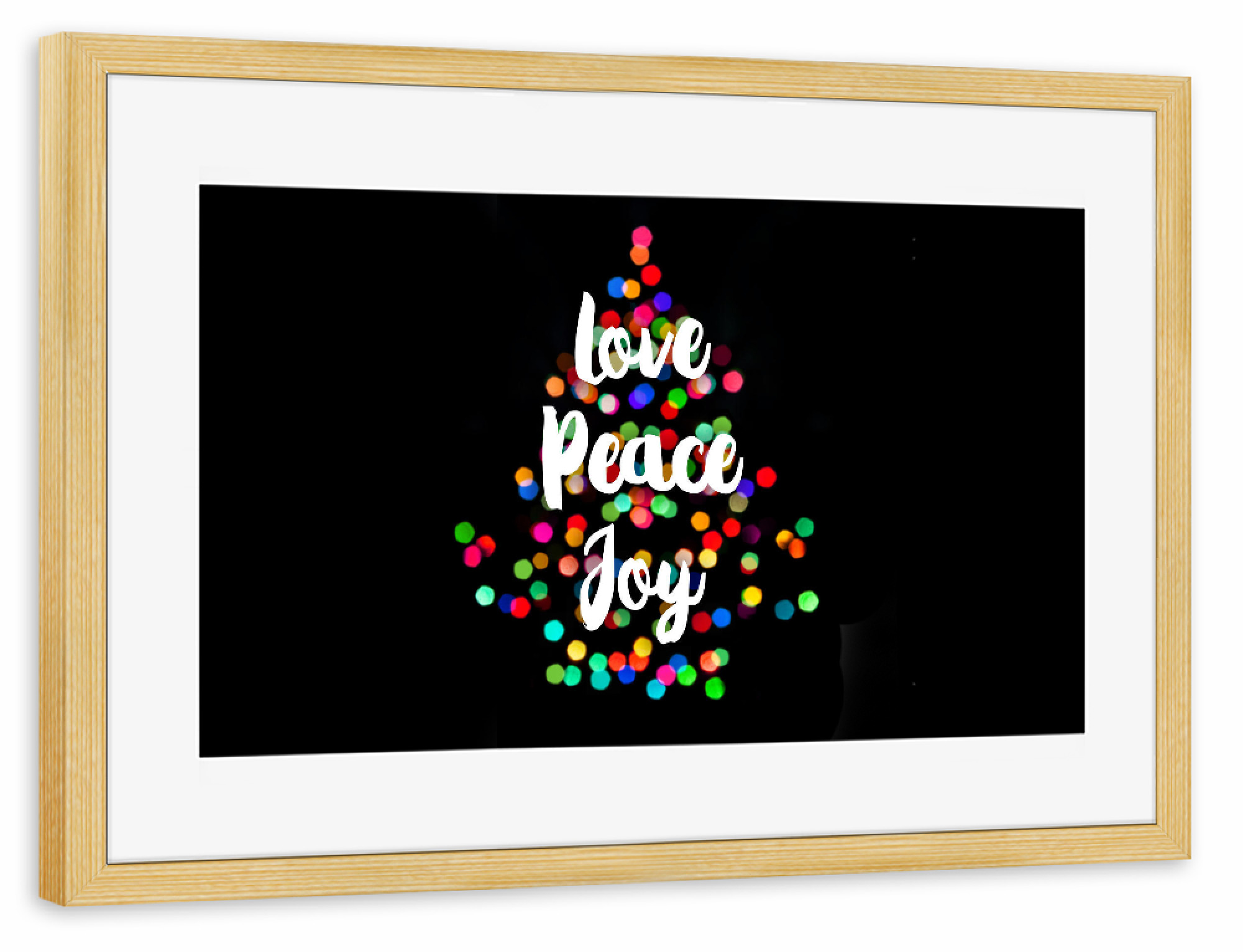 Poster mit Rahmen kiefer "Love Peace & Joy" artboxONE - Weihnachten - Color,Christmas tree,Christmas,Love,Pece,Joy,Light
