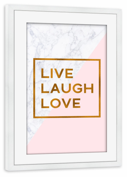 Poster mit Rahmen weiß "Bronze Foil Live Laugh Love" artboxONE - Geometrie,Liebe,Marmor
