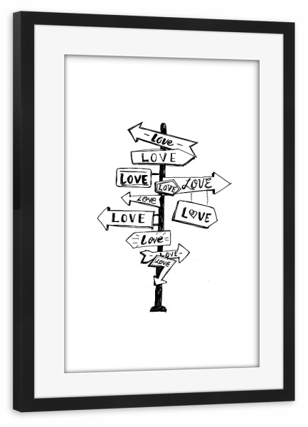 Poster mit Rahmen schwarz "Love Trip" artboxONE - Typografie,Comic,Schwarzweiß,Liebe,Streetart,Für Mama,Für Papa - Wegweiser,Schild,Schilder,Liebe