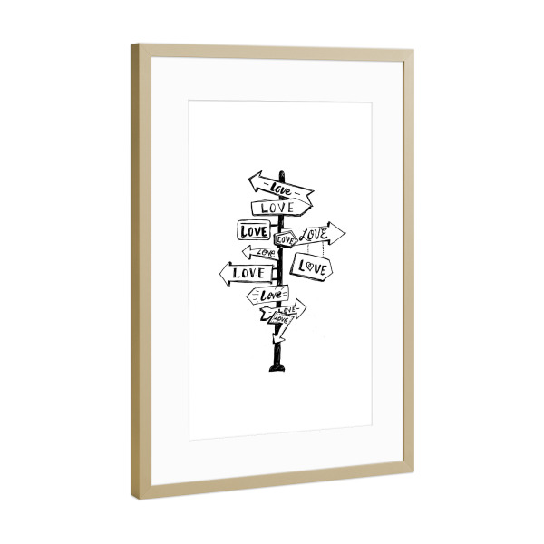 Poster mit Rahmen Gold "Love Trip" artboxONE - Typografie,Comic,Schwarzweiß,Liebe,Streetart,Für Mama,Für Papa - Wegweiser,Schild,Schilder,Liebe