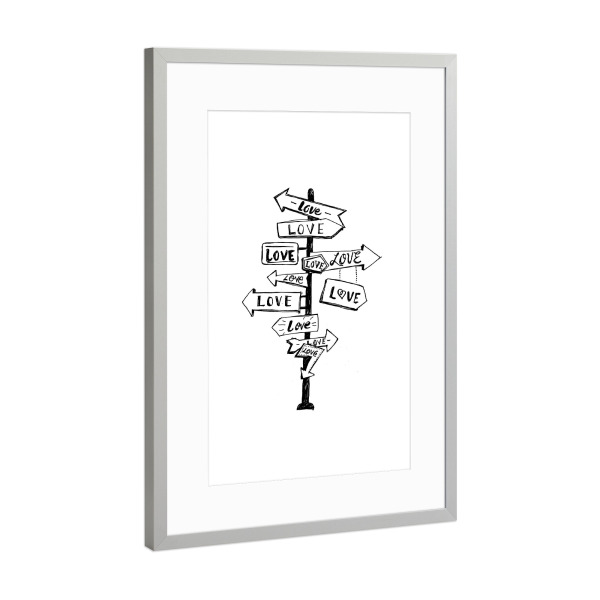 Poster mit Rahmen Silber "Love Trip" artboxONE - Typografie,Comic,Schwarzweiß,Liebe,Streetart,Für Mama,Für Papa - Wegweiser,Schild,Schilder,Liebe