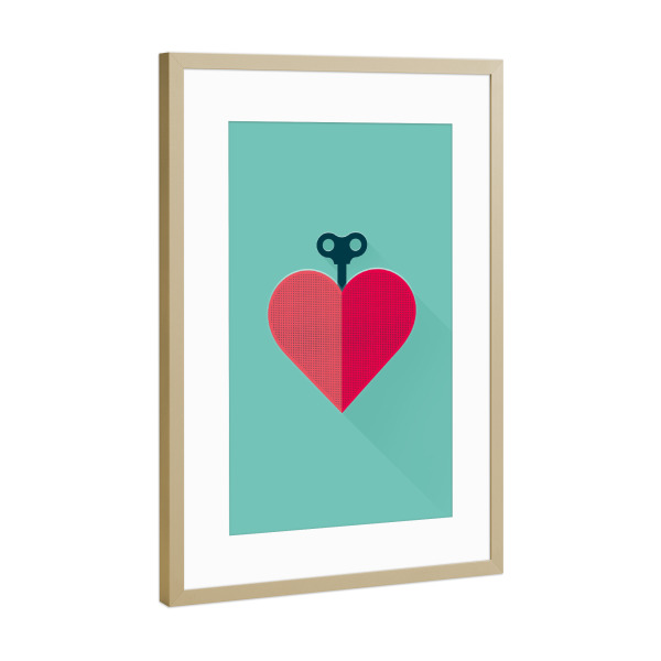 Poster mit Rahmen Gold "Heart Key" artboxONE - Für Kinder,Comic,Liebe,Streetart,Für Mama,Für Papa - Herz,Schlüssel,Aufziehen,Unendlich,Liebe