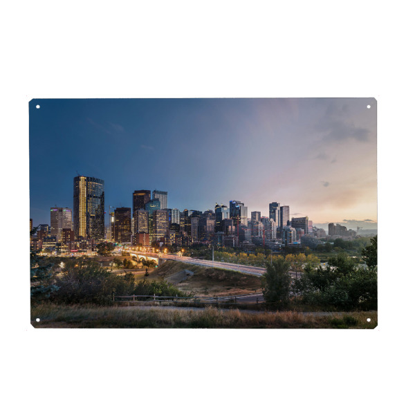 Holzbild "Calgary #1" artboxONE - Städte - Calgary,Stadt,Kanada,Alberta,Sonnenuntergang,Blaue stunde,Skyline,Hochhaus