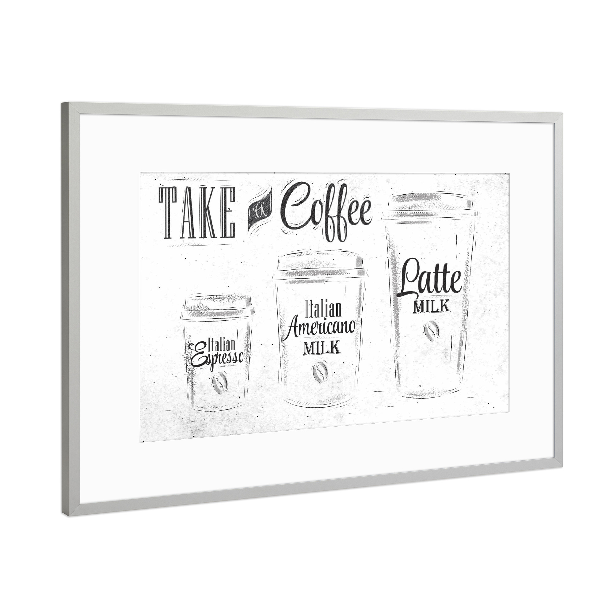 Poster mit Rahmen Silber "Set coffee drinking cup 2" artboxONE - Essen & Trinken,Schwarzweiß