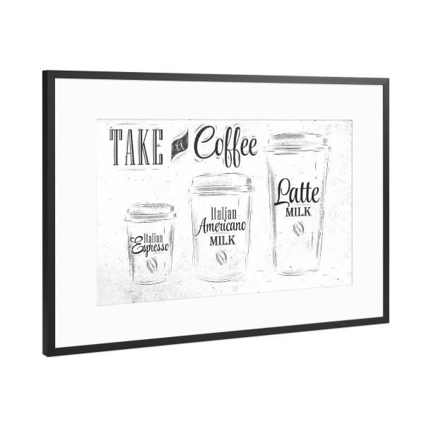 Poster mit Rahmen Schwarz (Metallic) "Set coffee drinking cup 2" artboxONE - Essen & Trinken,Schwarzweiß