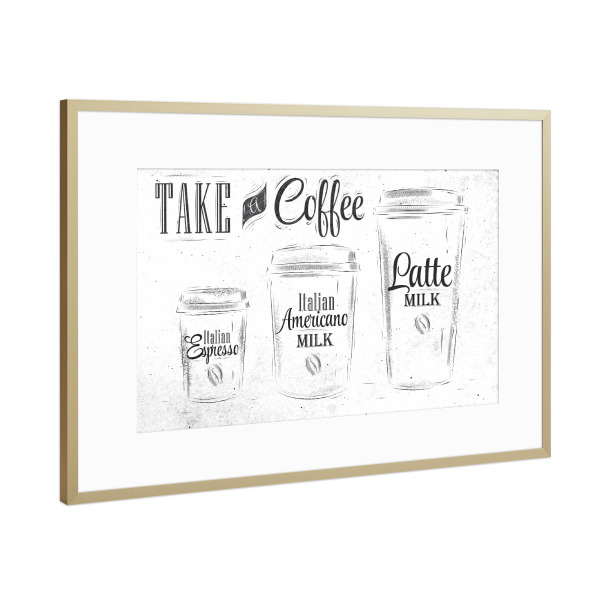 Poster mit Rahmen Gold "Set coffee drinking cup 2" artboxONE - Essen & Trinken,Schwarzweiß