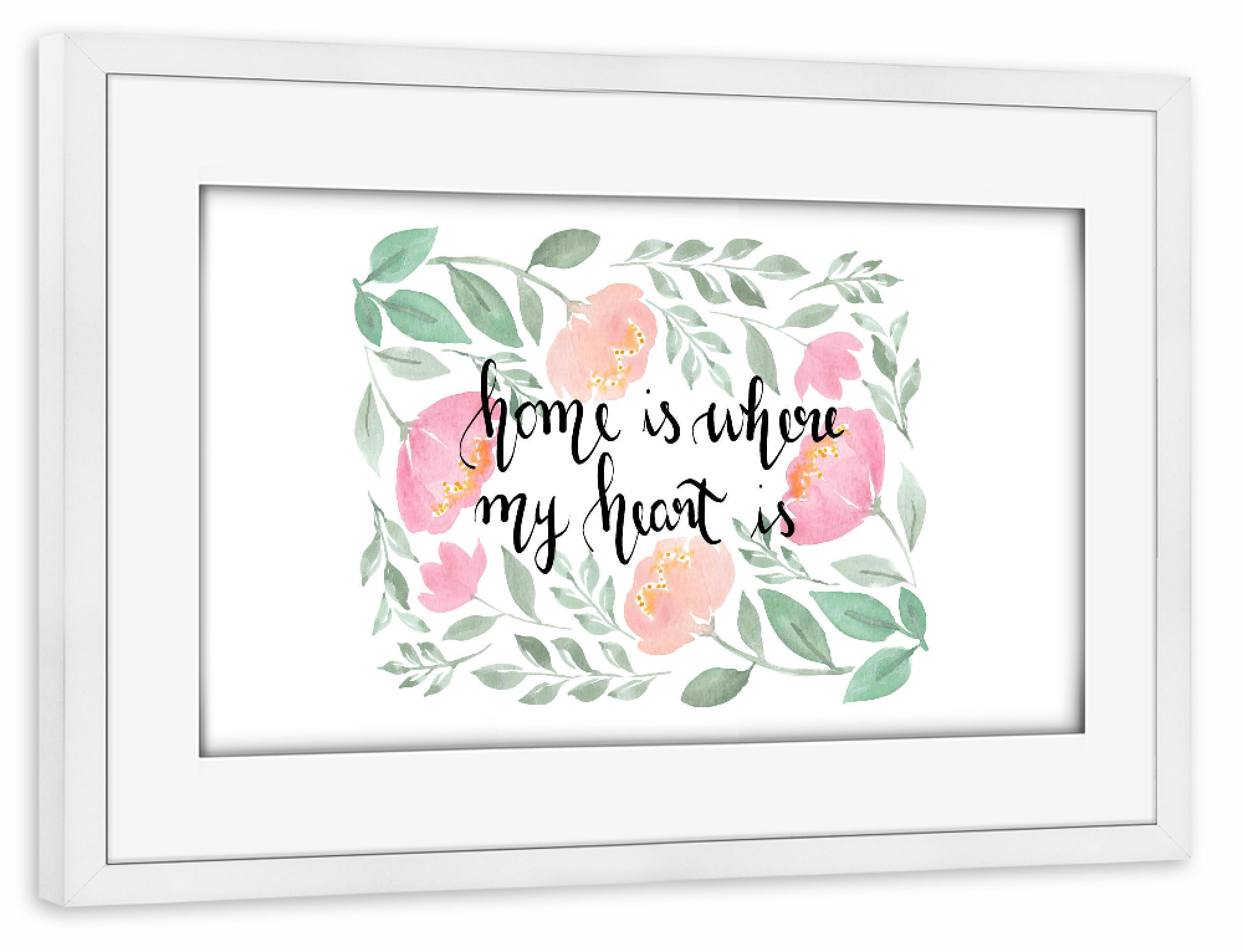 Poster mit Rahmen weiß "Home is where my heart is" artboxONE - Typografie,Natur,Floral,Liebe,Fashion