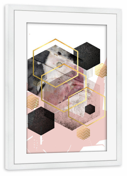 Poster mit Rahmen weiß "Abstract Hexagonal Geo" artboxONE - Abstrakt,Geometrie - Geometric,Abstract,Hexagonal,Rose,Gold
