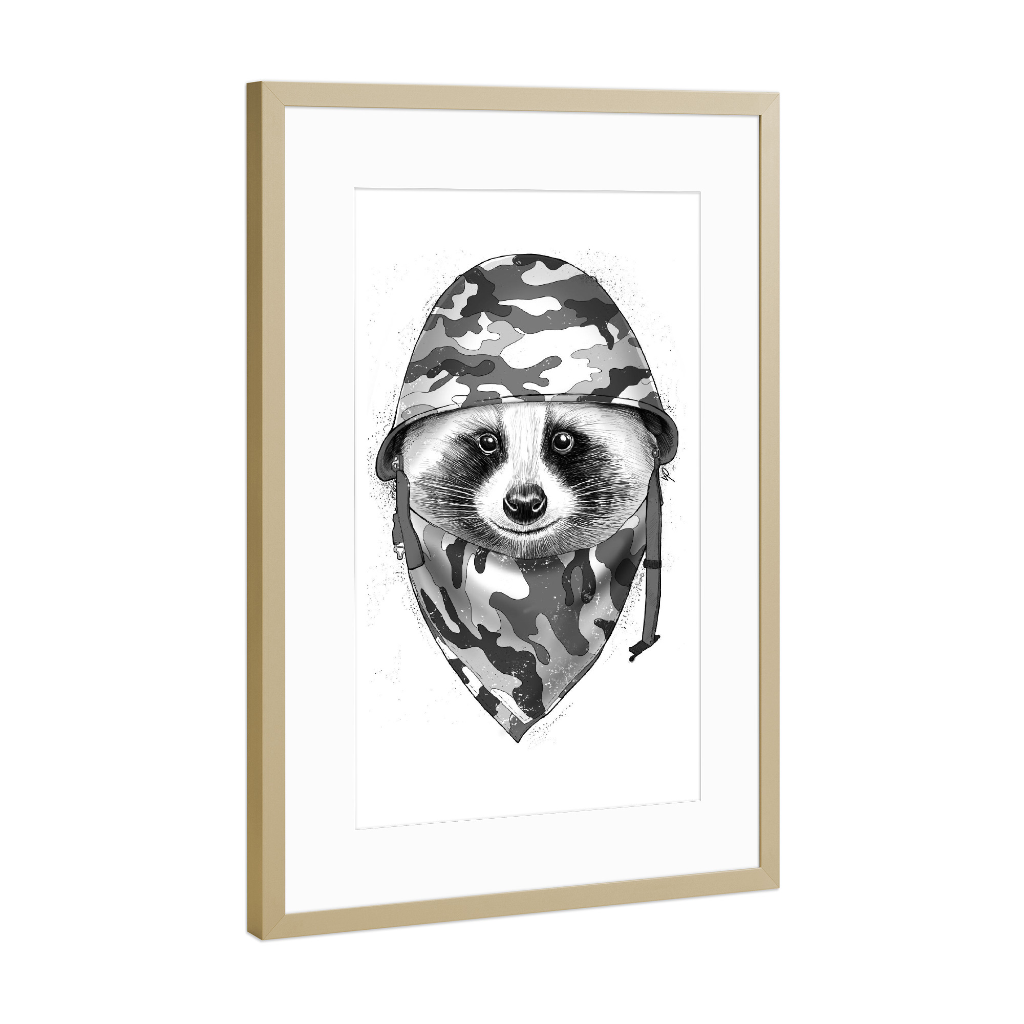 Poster mit Rahmen Gold "Military raccoon" artboxONE - Natur,Tiere,Schwarzweiß - Waschbär,Tier,Militär,Tarnung,Helm