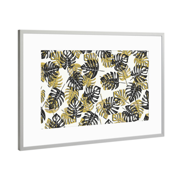 Poster mit Rahmen Silber "Black and Gold Monstera Leaves" artboxONE - Floral,Festivals