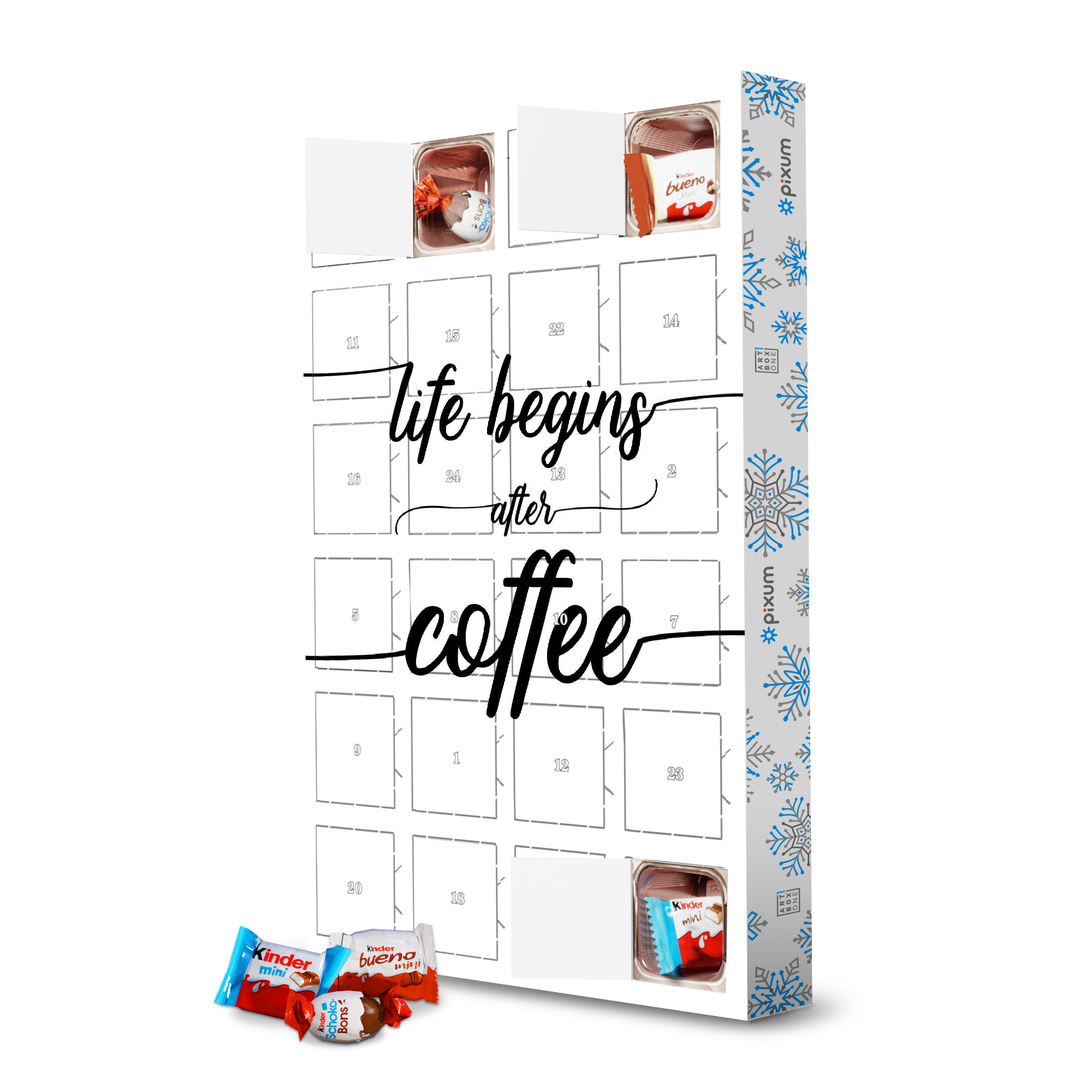 Adventskalender mit Produkten von Kinder TEXT ART Life begins after coffee artboxONE Adventskalender Typografie