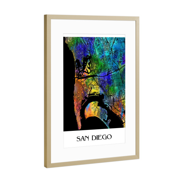 Poster mit Rahmen Gold "Retro Map of San Diego" artboxONE - Städte,Reise,Städte / Weitere - Retro,Karte,San diego,Kalifornien,Aquarell