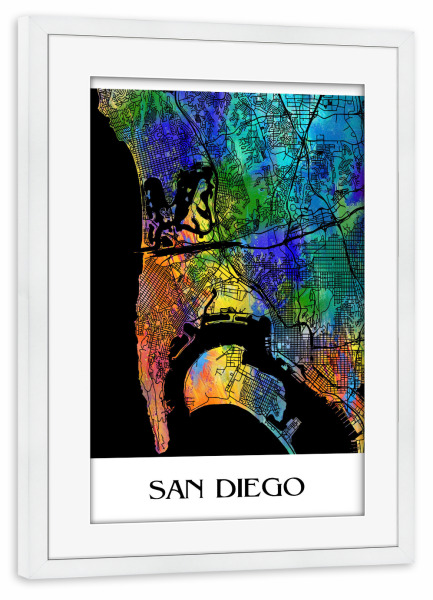 Poster mit Rahmen weiß "Retro Map of San Diego" artboxONE - Städte,Reise,Städte / Weitere - Retro,Karte,San diego,Kalifornien,Aquarell