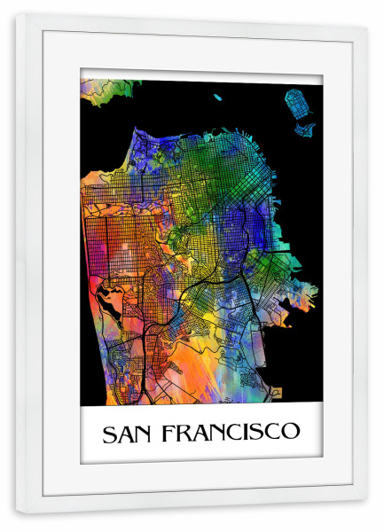 Poster mit Rahmen weiß "Retro Map of San Francisco" artboxONE - Städte,Reise,Städte / San Francisco - Retro,Karte,Chicago,Illinois,Usa,Aquarell
