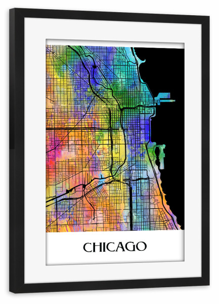Poster mit Rahmen schwarz "Retro Map of Chicago" artboxONE - Städte,Reise,Städte / Chicago - Retro,Karte,Chicago,Aquarell