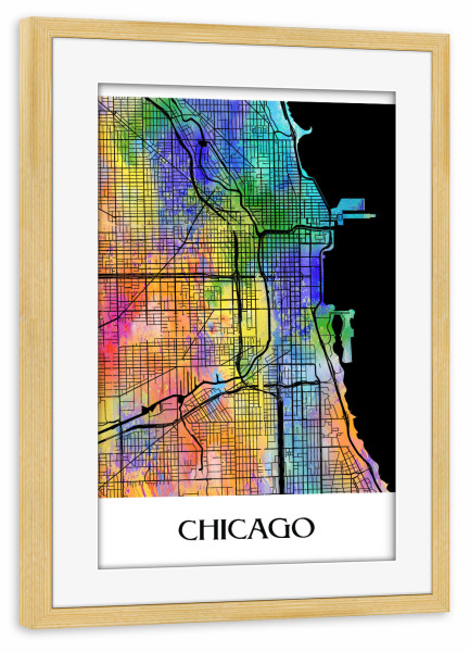 Poster mit Rahmen kiefer "Retro Map of Chicago" artboxONE - Städte,Reise,Städte / Chicago - Retro,Karte,Chicago,Aquarell