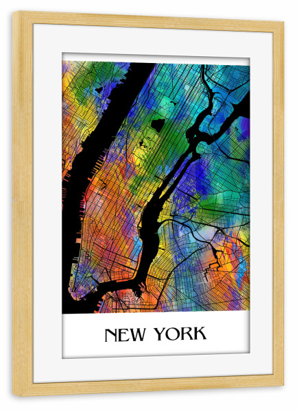 Poster mit Rahmen kiefer "Retro Map of New York" artboxONE - Städte,Städte / New York,Reise - Retro,Karte,New york,Manhattan,Aquarell