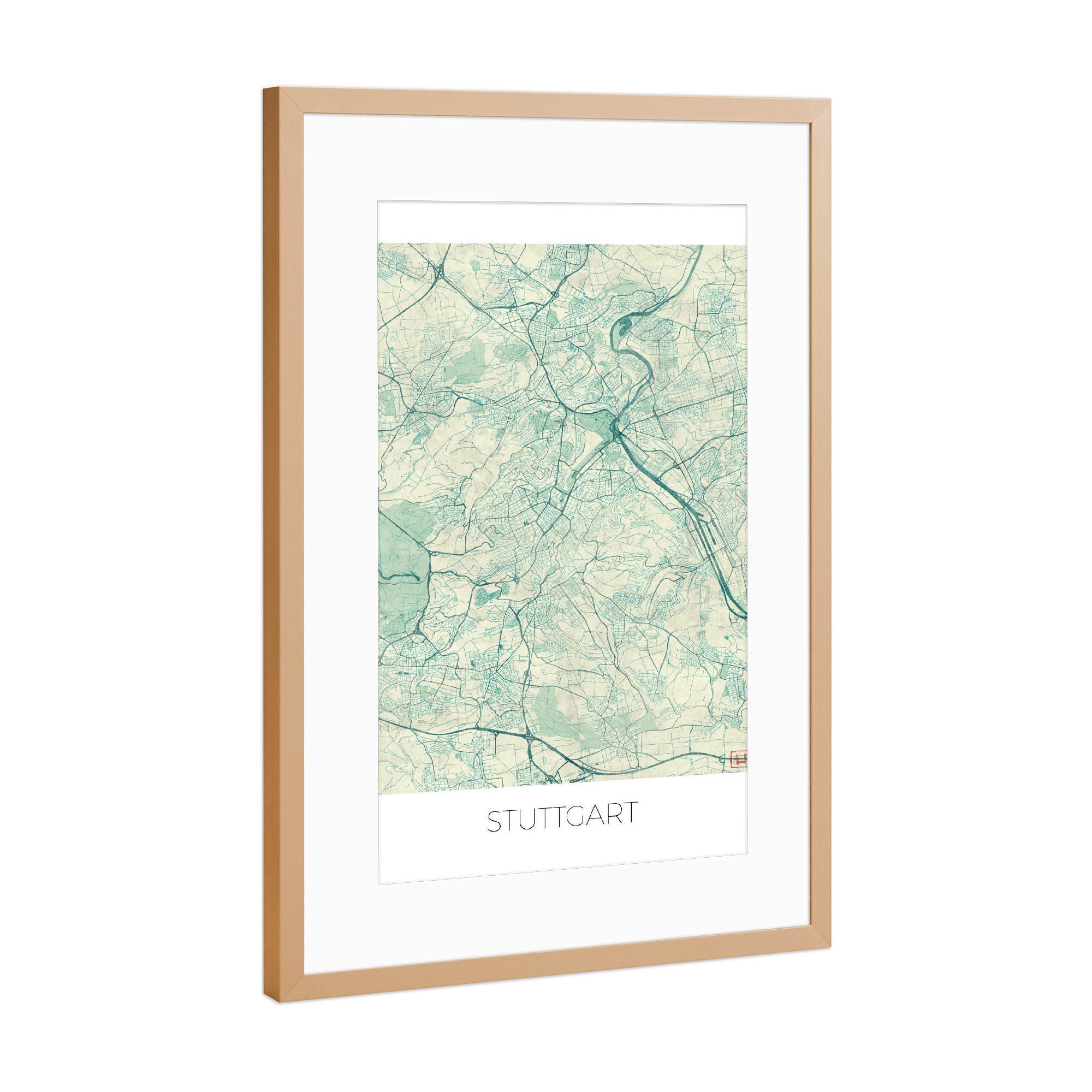 Poster mit Rahmen Kupfer "Stuttgart, Deutschland Blue" artboxONE - Städte,Städte / Stuttgart,Kartografie