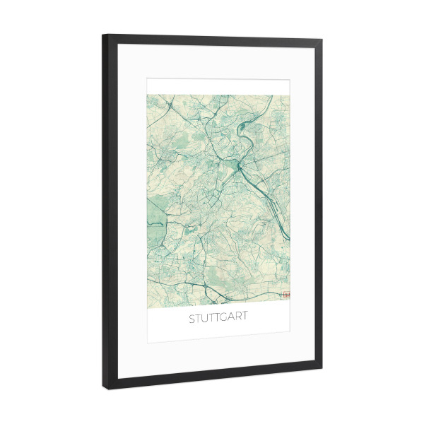 Poster mit Rahmen Schwarz (Metallic) "Stuttgart, Deutschland Blue" artboxONE - Städte,Städte / Stuttgart,Kartografie