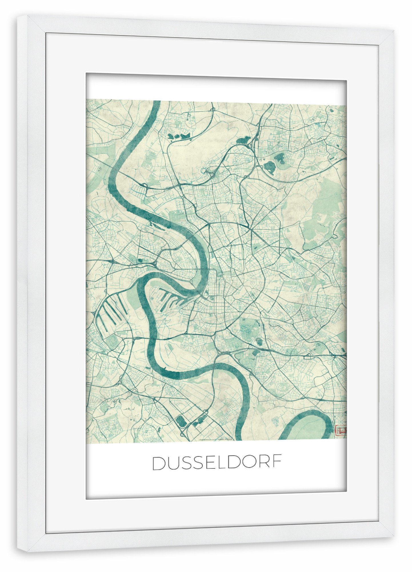 Poster mit Rahmen weiß "Dusseldorf, Deutschland Blue" artboxONE - Städte,Städte / Düsseldorf,Kartografie