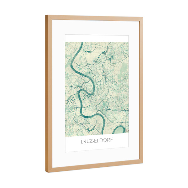 Poster mit Rahmen Kupfer "Dusseldorf, Deutschland Blue" artboxONE - Städte,Städte / Düsseldorf,Kartografie
