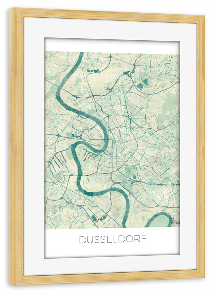 Poster mit Rahmen kiefer "Dusseldorf, Deutschland Blue" artboxONE - Städte,Städte / Düsseldorf,Kartografie