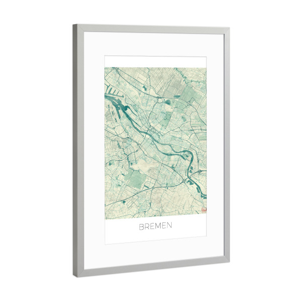 Poster mit Rahmen Silber "Bremen, Deutschland Blue" artboxONE - Städte,Kartografie - Karte,Stadt,Straße,Plakat,Plan,Map,Street,Bremen,Deutschland