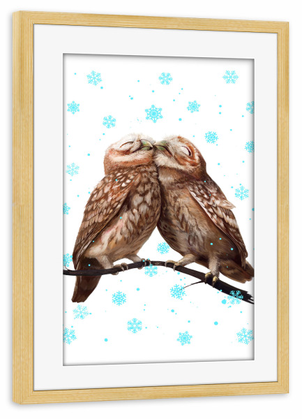 Poster mit Rahmen kiefer "Winter owls" artboxONE - Natur,Für Kinder,Schwarzweiß,Liebe,Weihnachten