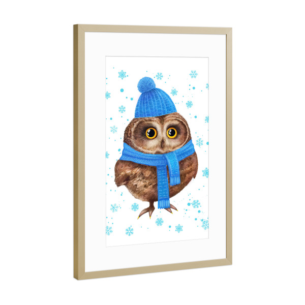 Poster mit Rahmen Gold "Owl in a scarf" artboxONE - Natur,Tiere,Schwarzweiß,Weihnachten