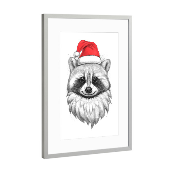 Poster mit Rahmen Silber "Santa Raccoon" artboxONE - Natur,Tiere,Schwarzweiß,Weihnachten - Waschbär,X-mas,Santa,Tier,Weihnachten,Bart