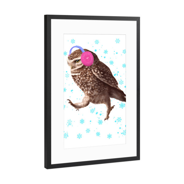 Poster mit Rahmen Schwarz (Metallic) "Winter owl 2" artboxONE - Natur,Tiere,Schwarzweiß,Weihnachten