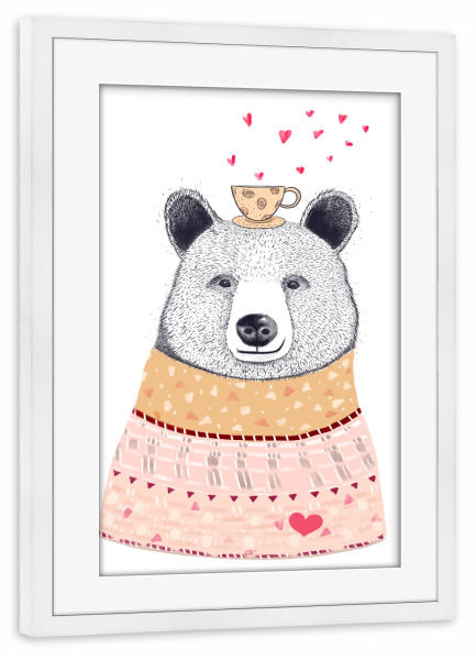 Poster mit Rahmen weiß "Bear lover of coffee" artboxONE - Natur,Tiere,Schwarzweiß,Liebe