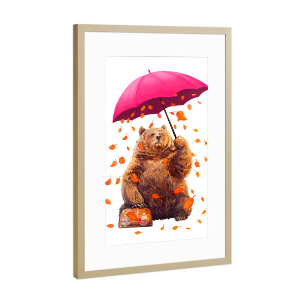 Poster mit Rahmen Gold "Autumn bear" artboxONE - Natur,Tiere,Schwarzweiß