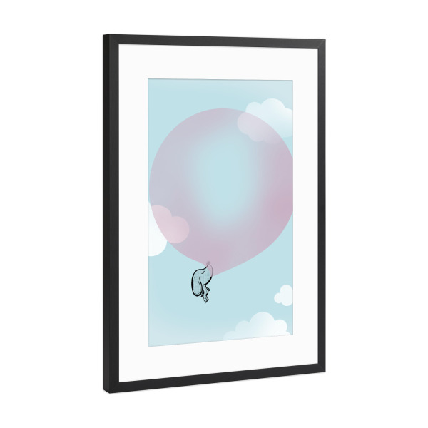 Poster mit Rahmen Schwarz (Metallic) "Bubblegum" artboxONE - Für Kinder,Tiere,Comic - Hund,Himmel,Wolken,Kaugummi,Fliegen,Flug,Reise