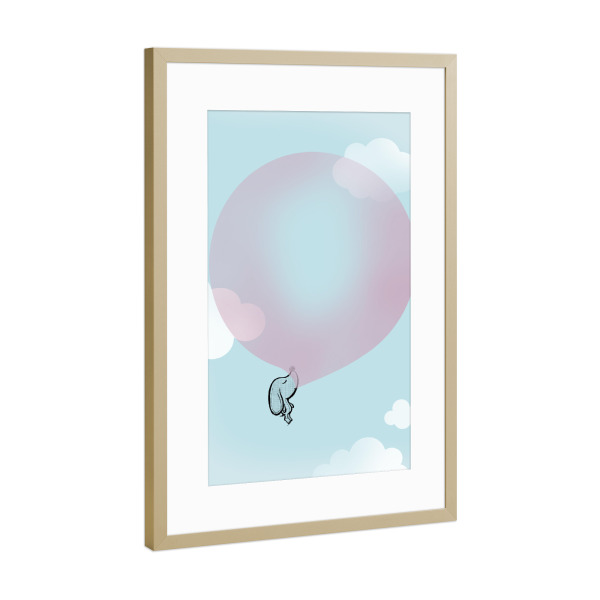 Poster mit Rahmen Gold "Bubblegum" artboxONE - Für Kinder,Tiere,Comic - Hund,Himmel,Wolken,Kaugummi,Fliegen,Flug,Reise