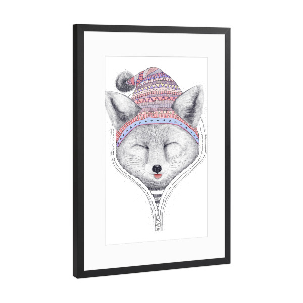Poster mit Rahmen Schwarz (Metallic) "Fox in a hood" artboxONE - Natur,Tiere,Schwarzweiß,Weihnachten