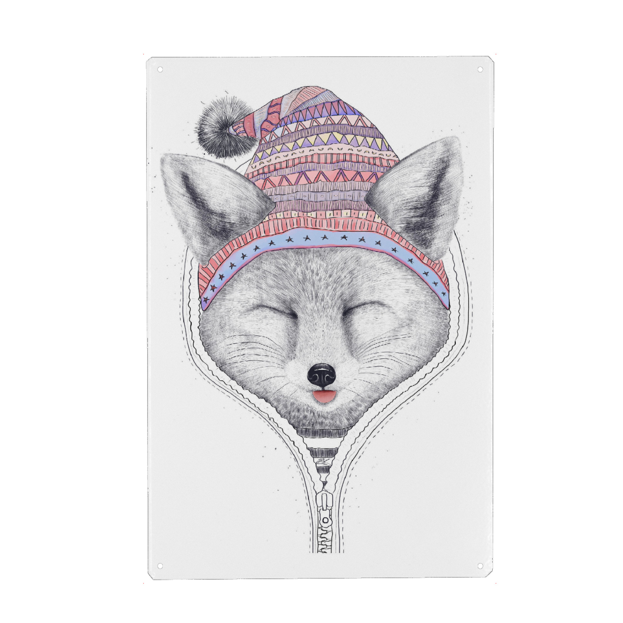 Metall Poster "Fox in a hood" artboxONE - Natur,Tiere,Schwarzweiß,Weihnachten