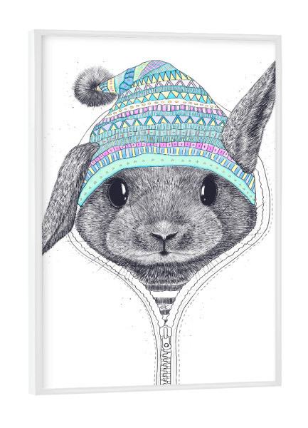Poster mit weißem Rahmen "Rabbit in a hood" artboxONE - Natur,Tiere,Schwarzweiß,Liebe,Weihnachten