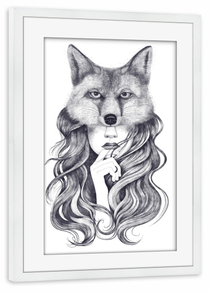 Poster mit Rahmen weiß "Fox girl" artboxONE - Natur,Tiere,Menschen,Schwarzweiß