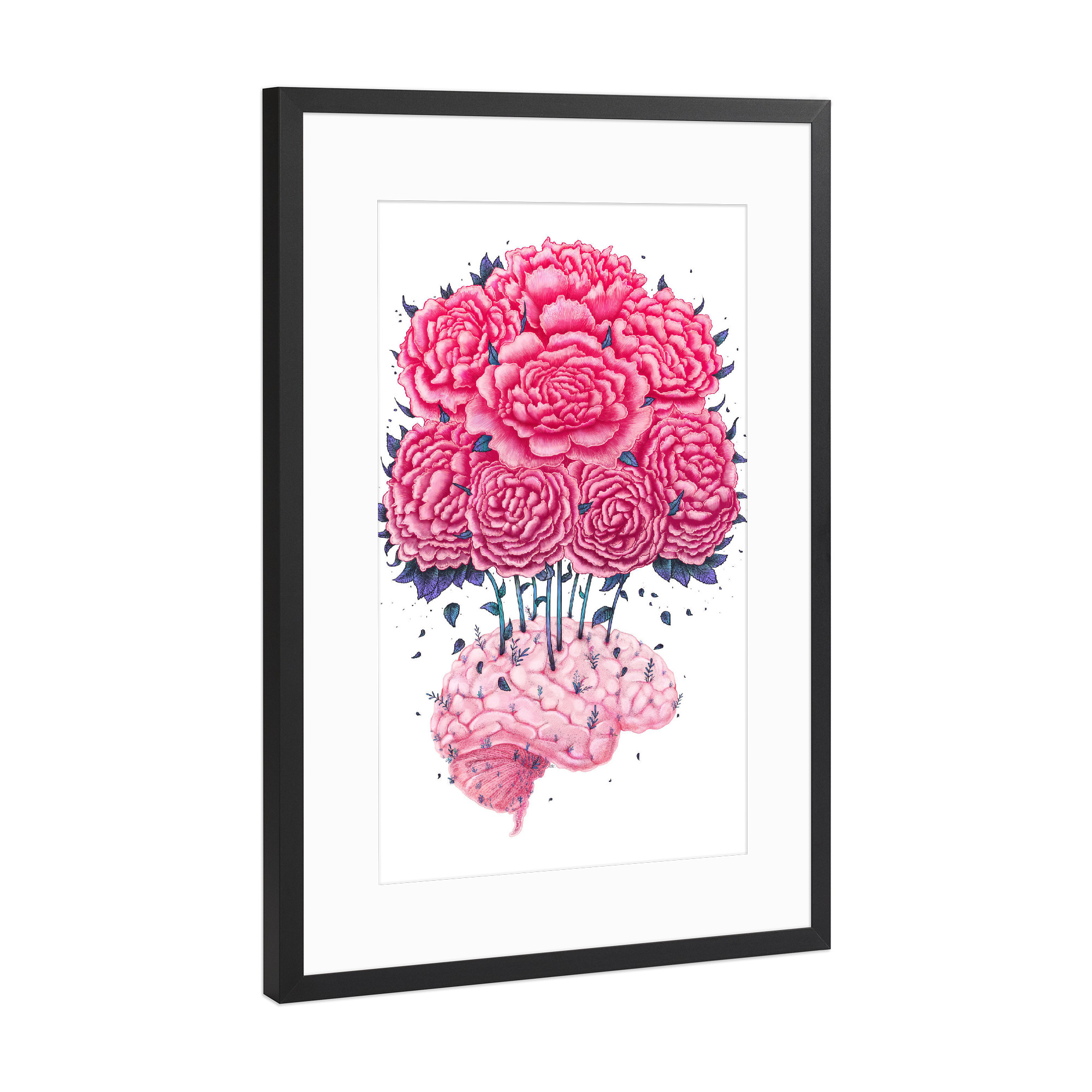 Poster mit Rahmen Schwarz (Metallic) "Brain with peonies" artboxONE - Natur,Floral,Menschen,Schwarzweiß