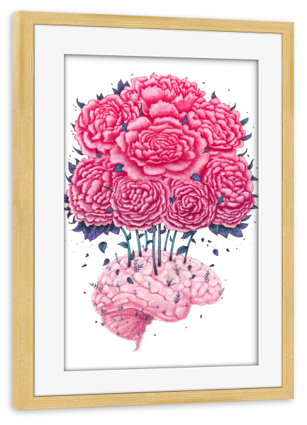 Poster mit Rahmen kiefer "Brain with peonies" artboxONE - Natur,Floral,Menschen,Schwarzweiß