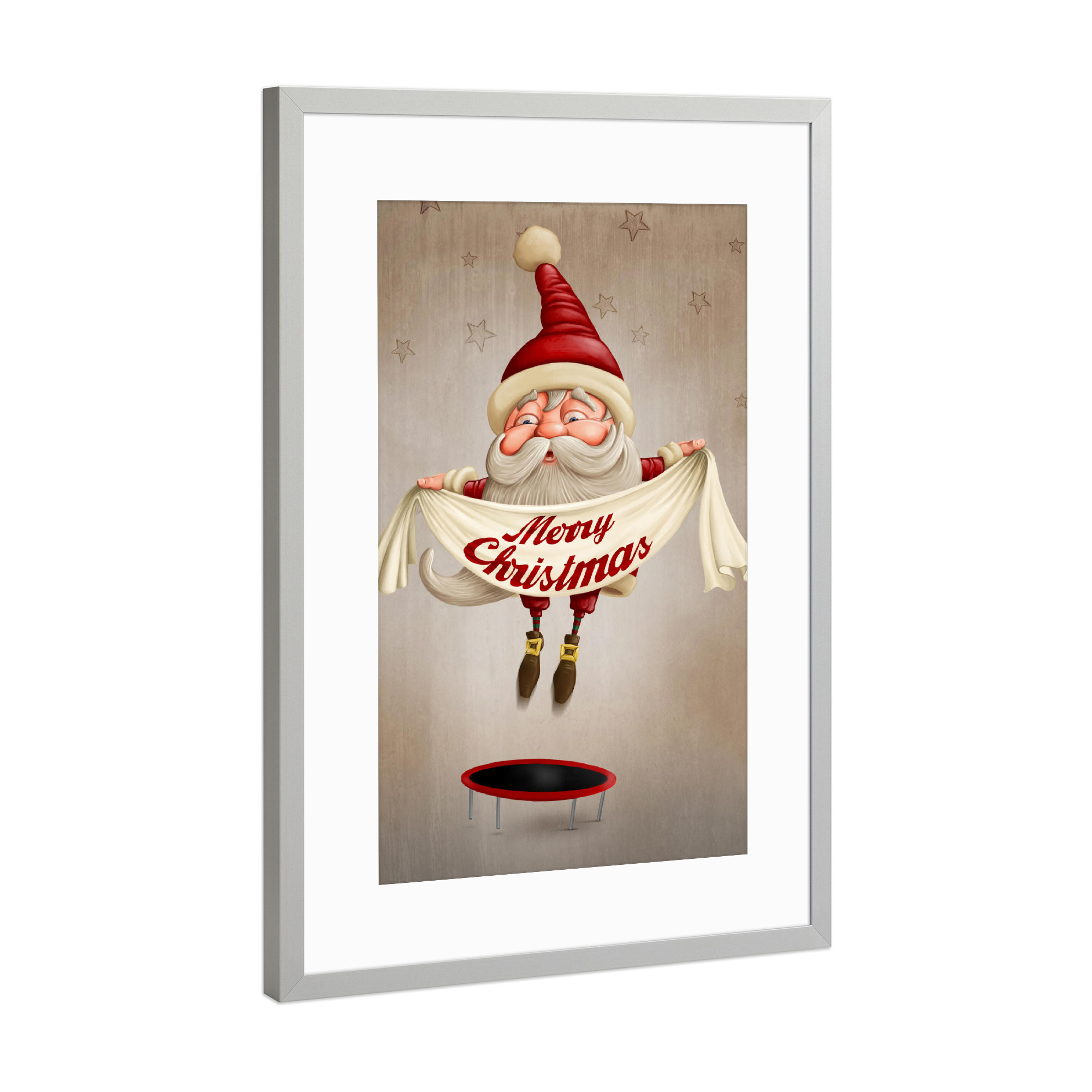 Poster mit Rahmen Silber "Santa Claus Jumping on trampoline" artboxONE - Festivals