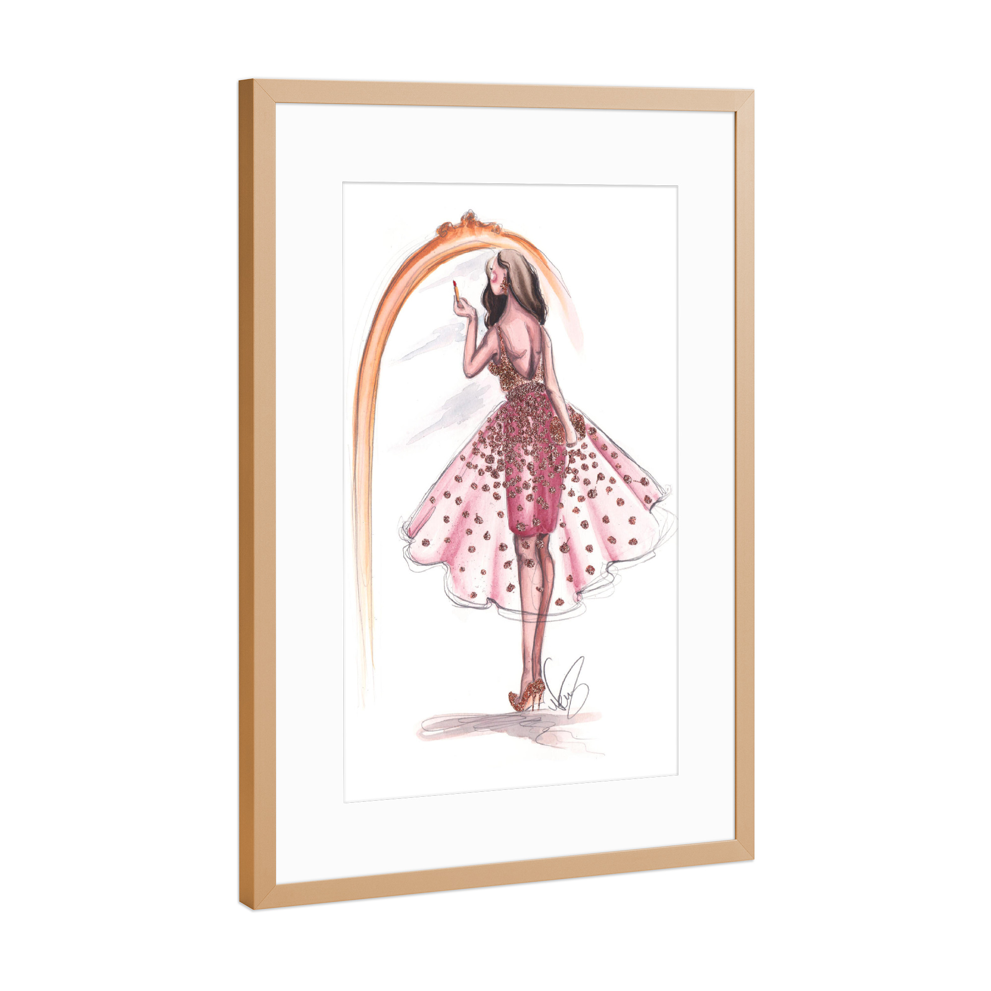 Poster mit Rahmen Kupfer "Getting Ready" artboxONE - Fashion - Fashion illustration,Mode,Makeup,Style,Dress,Kleid,Spiegel,Mirror,Going out,Feiern