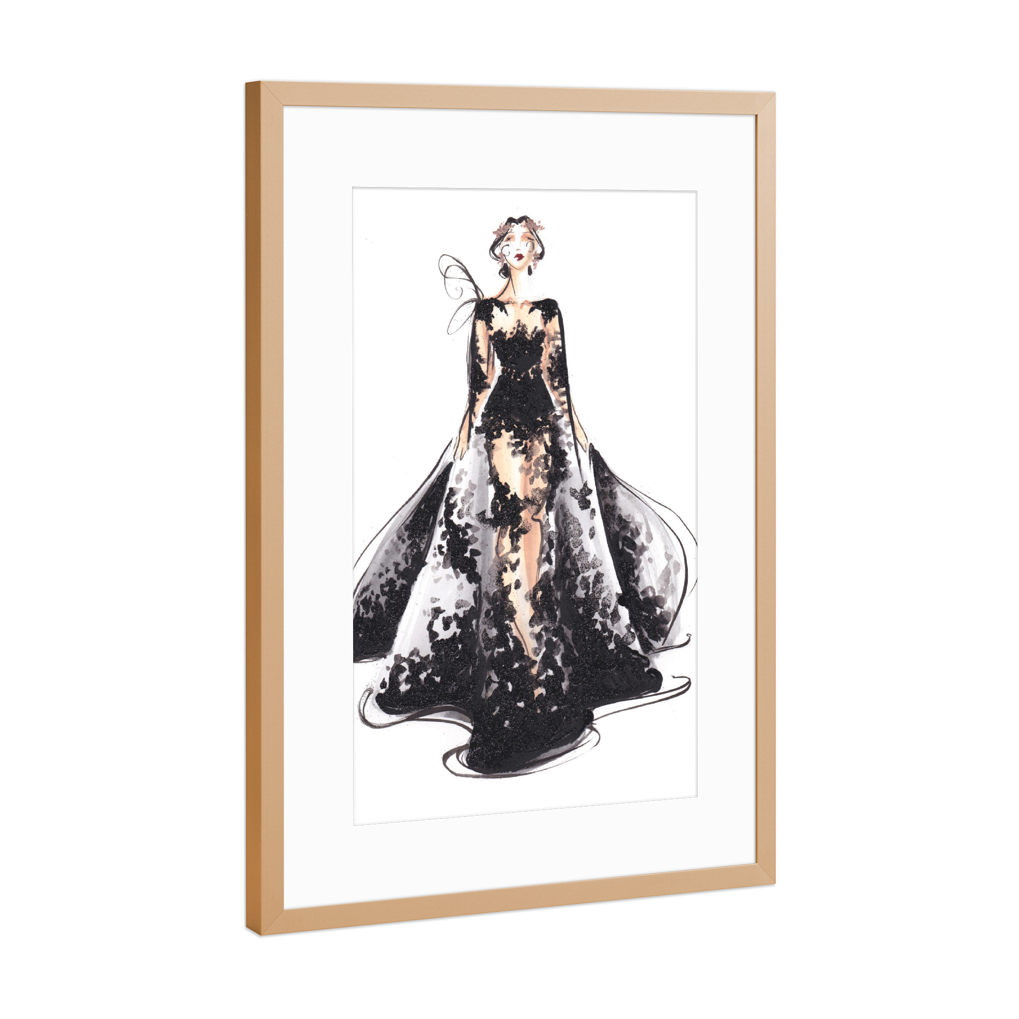 Poster mit Rahmen Kupfer "Black Gown" artboxONE - Fashion - Fashion illustration,Mode,Fashion,Fashion sketch,Haute couture,Black,Dress,Kleid,Style