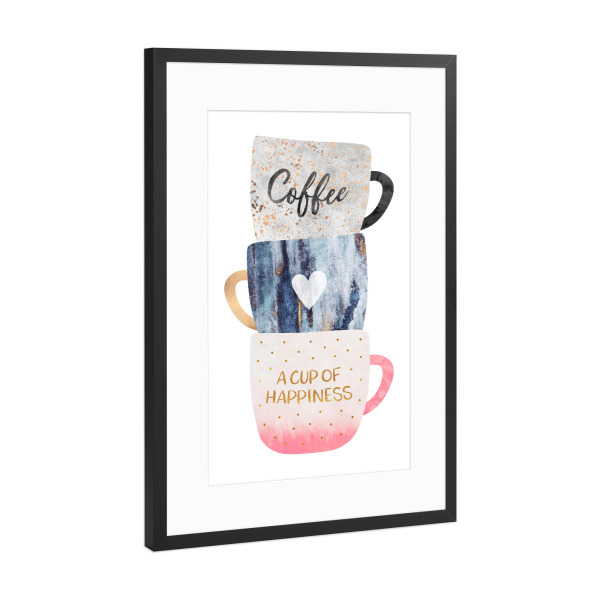 Poster mit Rahmen Schwarz (Metallic) "A cup of happiness" artboxONE - Typografie,Essen & Trinken