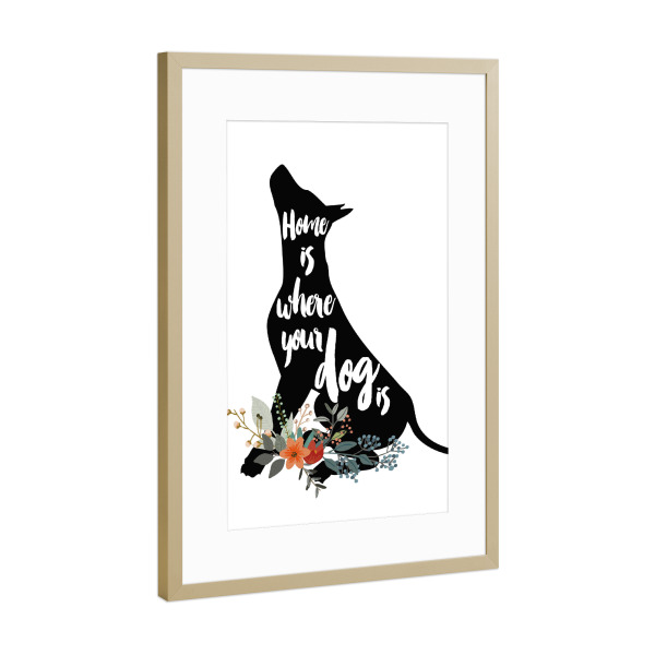 Poster mit Rahmen Gold "Zuhause ist wo dein Hund ist 3" artboxONE - Typografie,Für Kinder,Tiere